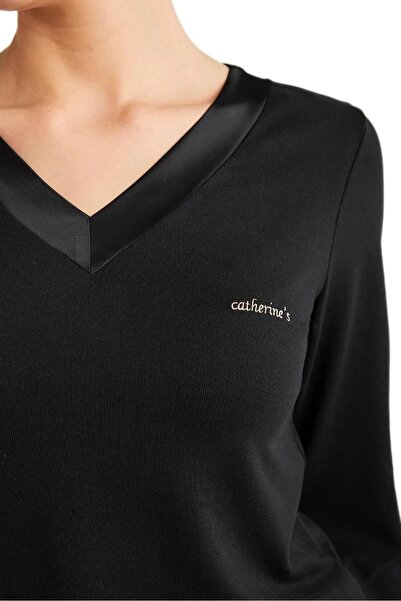 Catherine's CATHERİNES YUMUŞAK DOKULU KUMAŞ V YAKA UZUN KOLLU KADIN PİJAM TAKIM