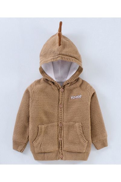 Babyhug Uzun Kollu Dino Boynuz Kapşonlu Kazak - بيج