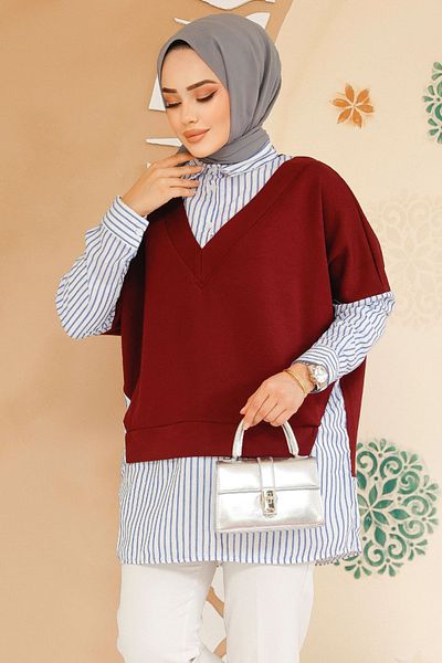 Neva Style Sweater Detailed Burgundy Hijab Shirt 60102Br