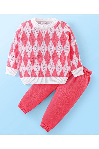 Babyhug طقم سويت شيرت بأكمام كاملة من Babyhug بتصميم Argyle - وردي