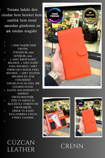 CüzCan Creen Turuncu Unisex Hakiki Deri Telefon Gözlü Cüzdan ( Sevgililer Günü Hediyesi ) (ERKEK-KADIN)