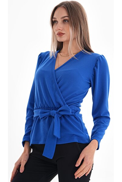 DEVRİMAY TEKSTİL Bluză din crepon din lycra cu guler dublu cu centură în talie Saks pentru femei