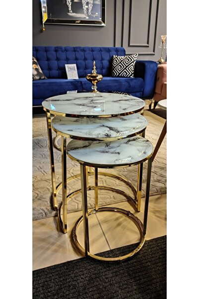 Sedaş Avm Beyaz Mermer Desenli Kırılmaz Cam 3'lü Gold Metal Zigon Sehpa