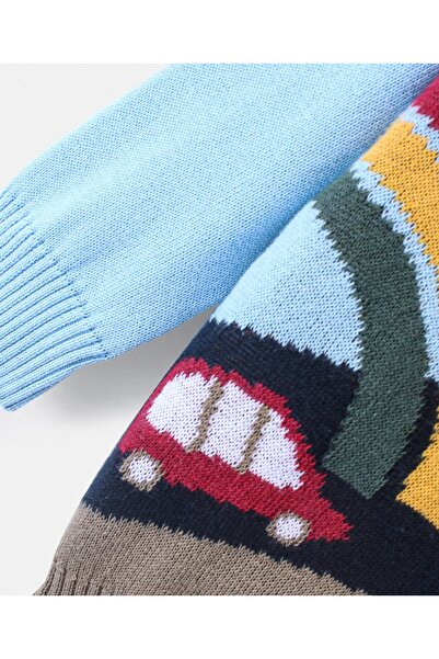 Bonfino Bonfino 100% Cotton Knit Full Sleeves Cars Designed Sweater - Aqua Blue