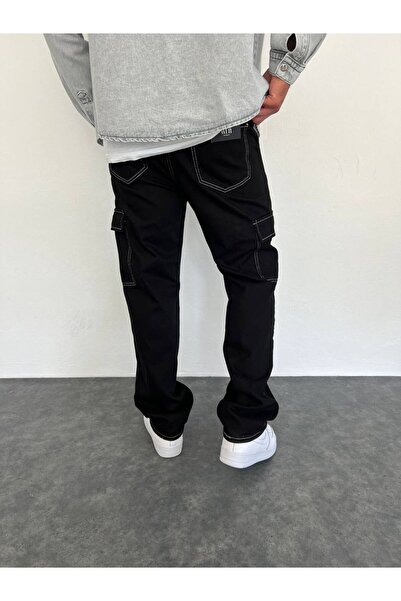 Gambocci Erkek Beyaz Çizgili kargo Cep Baggy Pantolon