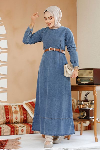 Neva Style Rochie Hijab Denim Albastru Inchis cu Curea 19130KM
