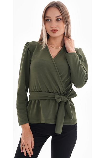 DEVRİMAY TEKSTİL Women's Khaki Waist Belted Double Breasted Lapel Lycra Crepe Blouse