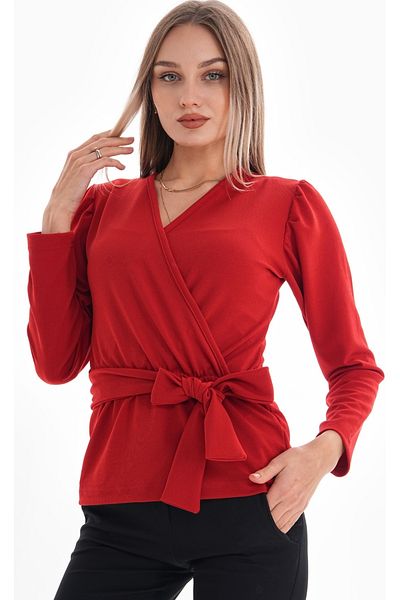 DEVRİMAY TEKSTİL Women's Red Waist Belted Double Breasted Lapel Lycra Crepe Blouse