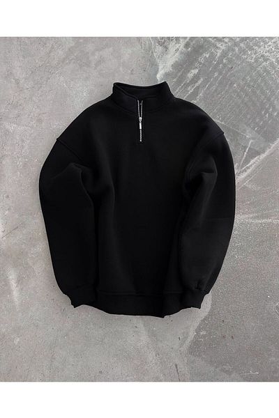 woonkey Unisex Black Half Zipper 3 Threads Sweatshirt