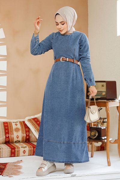 Neva Style Rochie Hijab Denim Albastru Inchis cu Curea 19130KM