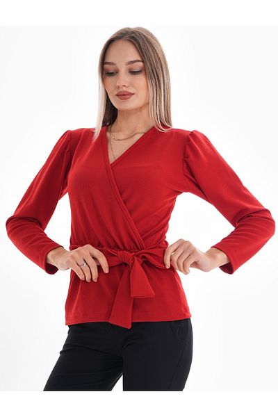 DEVRİMAY TEKSTİL Women's Red Waist Belted Double Breasted Lapel Lycra Crepe Blouse