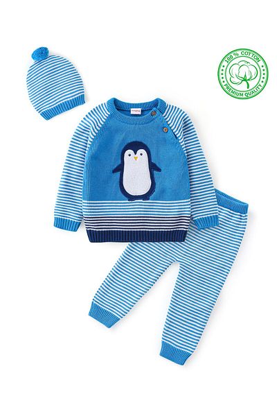 Babyhug طقم سويت شيرت بأكمام كاملة من القطن العضوي بتصميم مخطط مع تطريز البطريق - أزرق