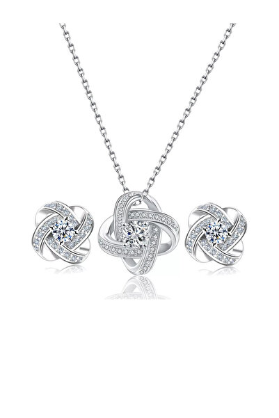 Brezza Lusso Jewelry Gümüş Zirkon Taşlı 4 Kollu Şans Bayan Kolye Küpe Set
