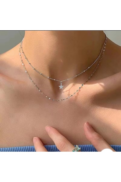 TakıConcept Gümüş Renk Yıldız Motifli İkili Çoklu Kolye Kadın Kolye