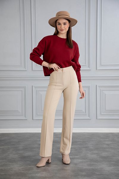 naymanlife Women's Beige Front Striped Elastic Waist High Waist Pipe Leg Palazzo Crepe Pants