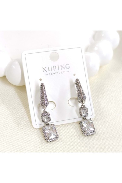 Güler Yüzlü Silver Xuping Baguette Stone Dangle Hook Earrings White