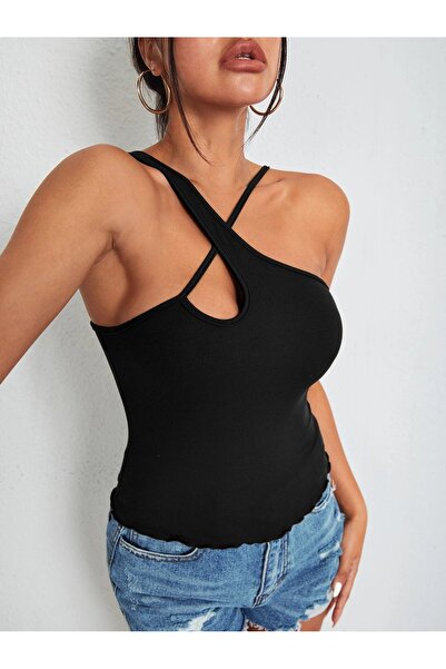 Liona Black Asymmetrical Neck Patternless Ribbed Camisole Crop Top