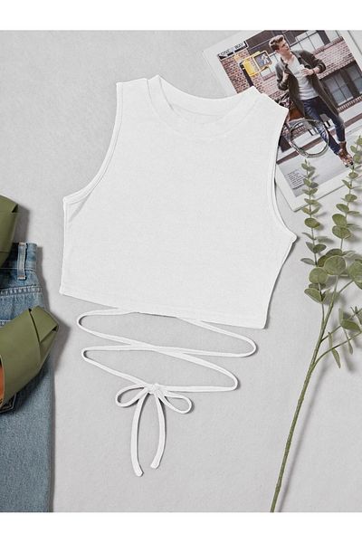Liona White Color Crew Neck Plain Patternless Lycra Drawstring Ribbed Camisole Crop Top Blouse