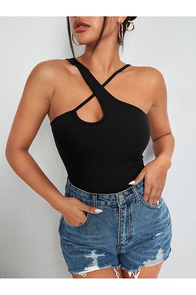 Liona Black Asymmetrical Neck Patternless Ribbed Camisole Crop Top