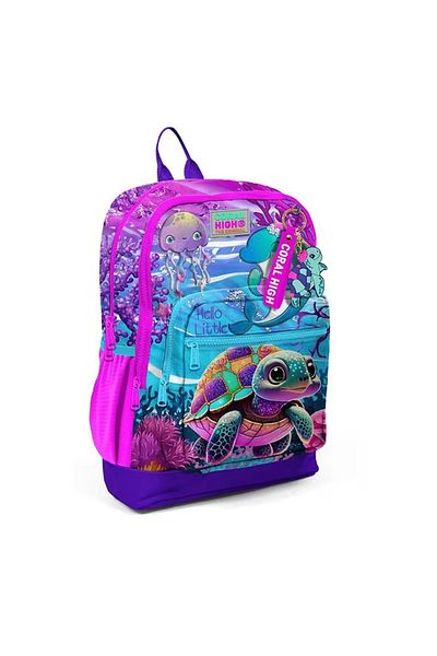 Coral High Pink Purple Turtle Patterned Four Compartment School Backpack 23756