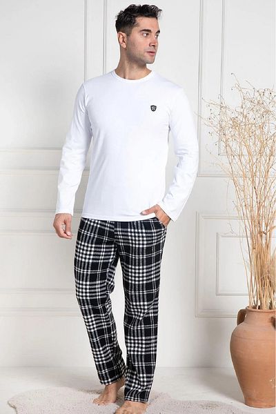 Mecit Pijama Βαμβακερό, Σετ ανδρικές πιτζάμες, λαιμόκοψη, μακρυμάνικο, καρό σχέδιο