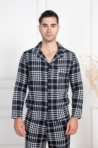 Mecit Pijama Σετ ανδρικές πιτζάμες χειμώνα - Μπροστινό κουμπί, λευκό καρό, βαμβάκι & βισκόζη