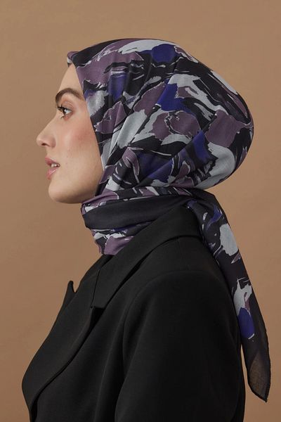 Modakaşmir Flow Patterned Black Purple Cotton Scarf - 110X110