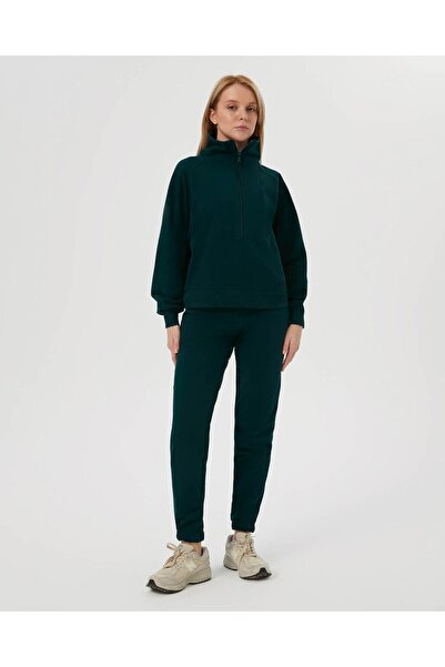 Ayma Active Dark Green Stand Collar Half Zipper Oversize Sweatshirt