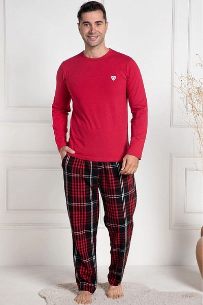 Mecit Pijama Bumbac, set de pijamale pentru bărbați, decolteu, mânecă lungă, model în carouri