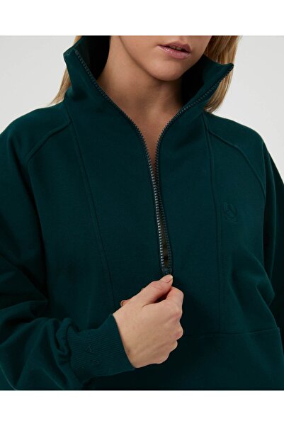 Ayma Active Dark Green Stand Collar Half Zipper Oversize Sweatshirt