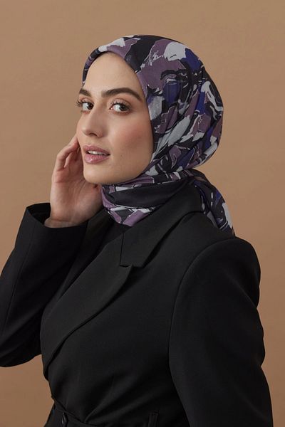 Modakaşmir Flow Patterned Black Purple Cotton Scarf - 110X110