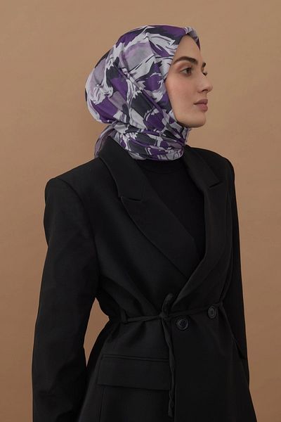 Modakaşmir Purple Cotton Scarf - 110X110 Flow Pattern