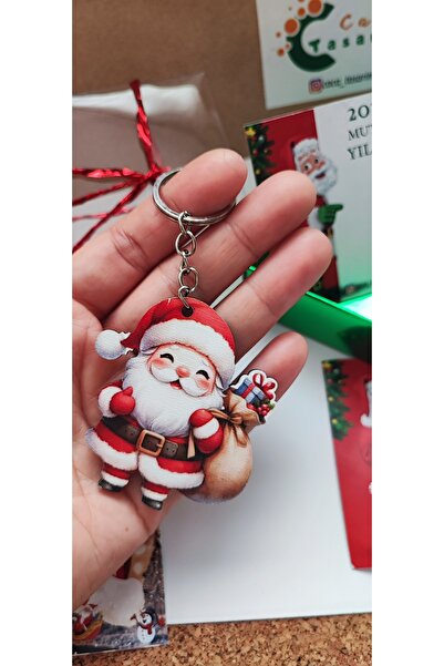 cacatasarım Yılbaşı Figürleri Ahşap UV Baskı Anahtarlık veya Çanta Süsü 5 Ade...