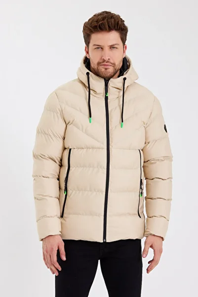 SİVAİST Sivaist New Season Men's Cream Waterproof and Windproof Hooded Thick Fur Lined down Coat & Coat