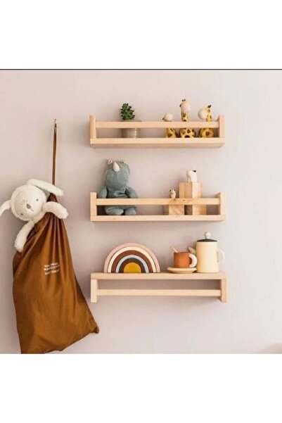 MsmWood Montessori Raf - Doğal Ahşap - Çocuk Bebek Odası - 40cm - 3'lü - Kita...