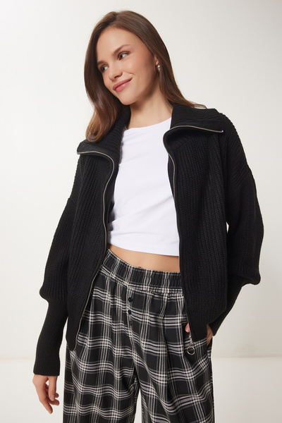 Lovelyİstanbul Tricotaj negru Cardigan cu fermoar - LMX0065