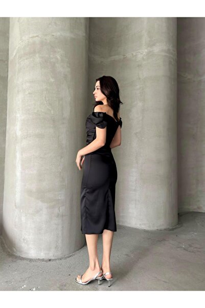 Serica Moda Düşük Omuz Drapeli Midi Abiye Elbise