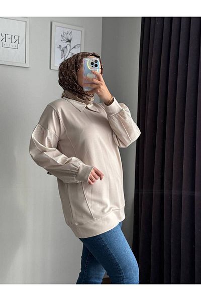 RFK Butik Μπεζ τουνίκ - Polo γιακά με ρίγες και λεπτομέρεια πουκάμισου