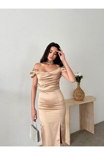 Serica Moda Βραδινό φόρεμα μίντι με ντραπέ με ανοιχτό ώμο