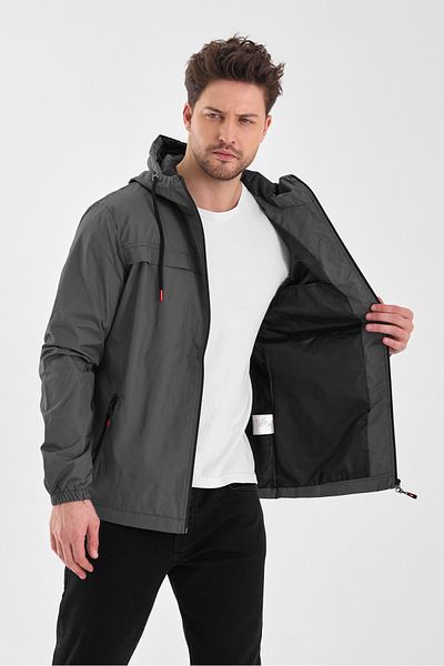 CLIPMAN Anthracite Men's Slim Fit Windproof Seasonal Hooded Raincoat