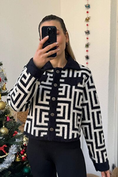 Kubos Moda Cep Kapaklı Labirent Desen Kırçıllı Keçe Siyah Mont