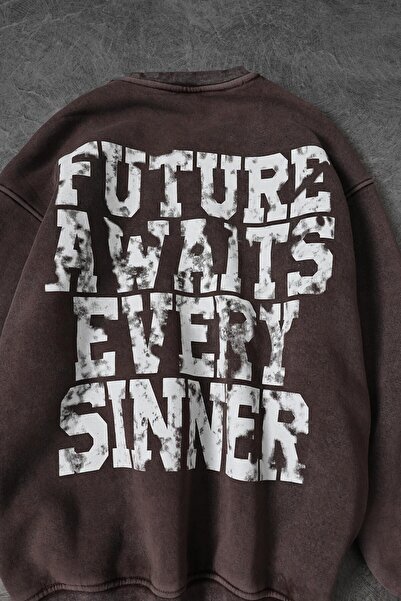 Slatra Ανδρικό καφέ φούτερ Future Is Here που πλένεται με λαιμόκοψη μεγάλου μεγέθους