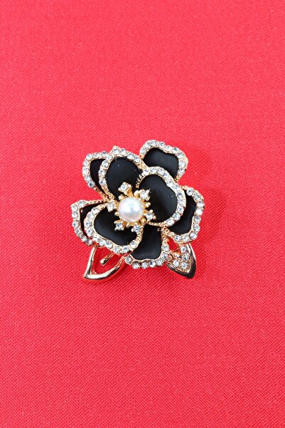 KEEBA Saflığın sözü incili Sedef çiçeği broş kristal taşlı gold siyah renkli ...