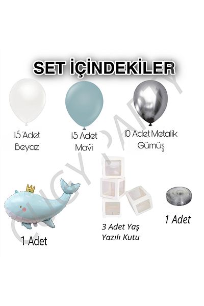 CUGY Blue and White Balloon Chain with Blue Whale Figure and Age Written in Transparent Box