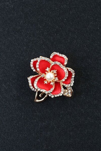 KEEBA Saflığın sözü incili Sedef çiçeği broş kristal taşlı gold kırmızı renkl...