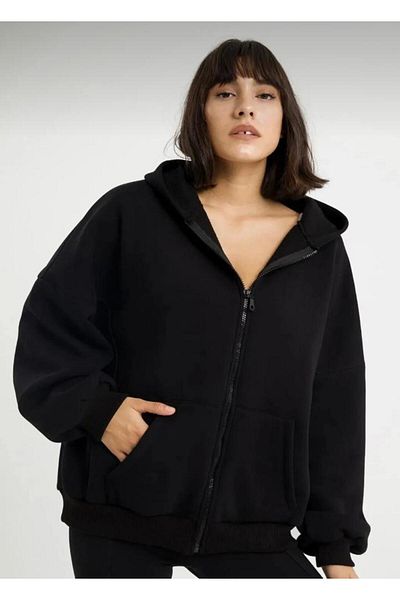 SAAT TEKSTİL Clock Textile Oversize Zippered Hooded Sweatshirt