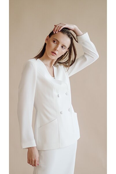 Saade Ecru Gathered Back Double Breasted Closure Blazer Woven Jacket