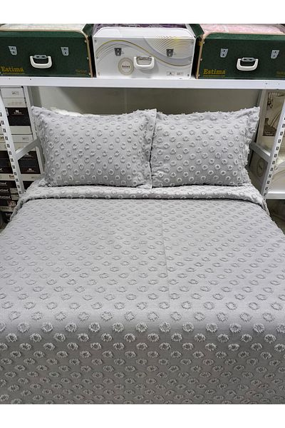ESTİMA Aslan Tekstil Ayşe Gray Double Pompom Bedspread 250X260 2 Pillows 50X80