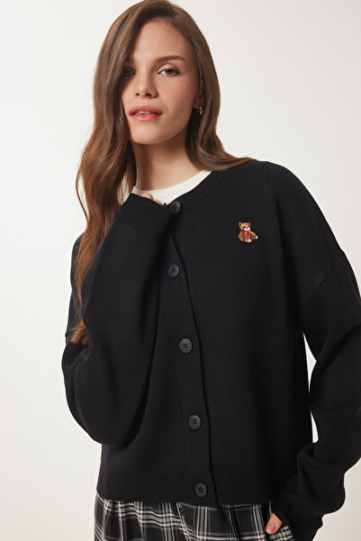 Lovelyİstanbul Cardigan tricot cu nasturi brodat ursuleț NEGRU LDP0027