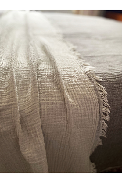 NEMM Gri Renkli 4 Katlı Muslin %100 Pamuk Çift Kişillik Yatak Örtüsü 240x260 Cm Battal Boy